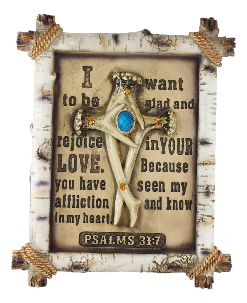 Rustic Faux Birchwood Turquoise Deer Antlers Cross Bible Verse Wall Decor Plaque