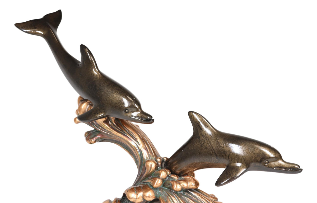 Ebros Nautical Marine 2 Dolphins Surfing Ocean Waves Electroplated Bronze Resin Statue - Ebros Gift