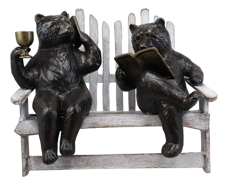 Ebros 15" Long Aluminum Whimsical Modern Grizzly Bear Wife Gossiping On Cell Phone with Wine and Husband Reading Book On Rustic Bench Garden Statue Cabin Lodge Forest Bears Couple Decor Figurine - Ebros Gift