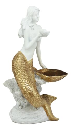 Ebros Art Nouveau Golden Mermaid Holding Sea Shell Candle Or Jewelry Holder Decor Figurine 10.25" Tall
