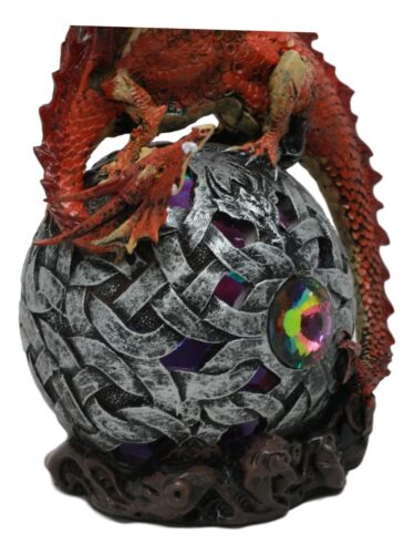 Elemental Red Fire Dragon Perching On LED Gyrosphere Orb Night Light Statue