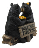 Whimsical Wedding Vows Black Bear Couple Kissing By Tree Log Statue 7" Tall