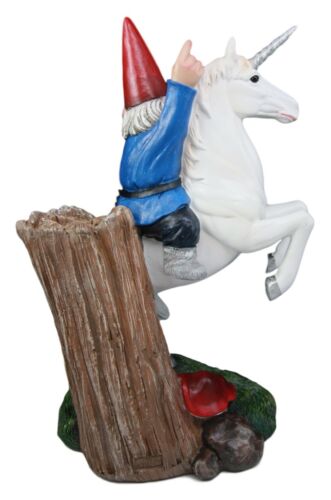 Ebros Toadstool Gnome Riding Unicorn Statue 14"Tall Alexander & Bucephalus Pose