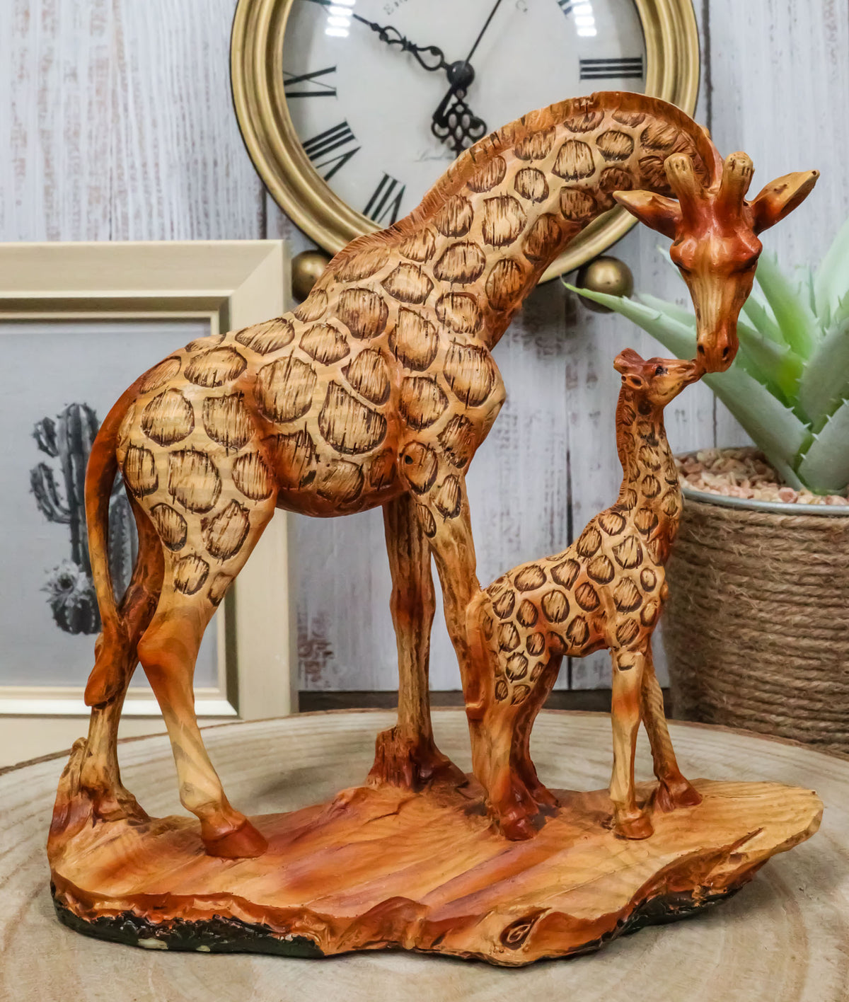 Safari Giraffe Family Statue 6.75"H Faux Wood Resin Giraffe Mother And Calf - Ebros Gift