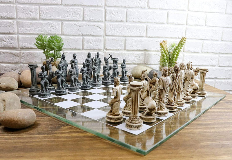 Ebros Olympus At War Greek Olympian Deities Resin Chess Pieces With Glass Board Set