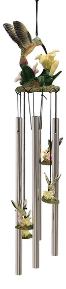 Ebros Beautiful Hummingbird with Nectarine Lily Flowers Wind Chime 21" Long Resin Crown with Aluminum Rods Wind Chime Home Patio Garden Decor of Hummingbirds Wildlife Nature Scenery Noisemakers