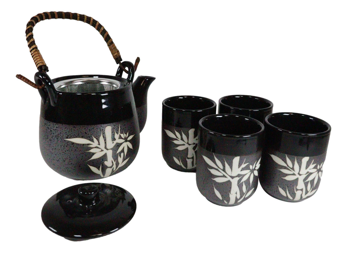 Charcoal Black Japanese Bamboo Grove Ceramic Tea Set Teapot And 4 Cups Drinkware - Ebros Gift