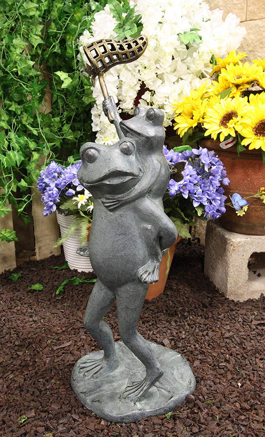 Ebros Gift 25.25" Tall Aluminum Metal Whimsical Father and Son Frog Family with Net Chasing Butterfly Garden Statue Frogs Patio Pool Pond Lawn Yard Decorative Sculpture Feng Shui Zen Accent - Ebros Gift