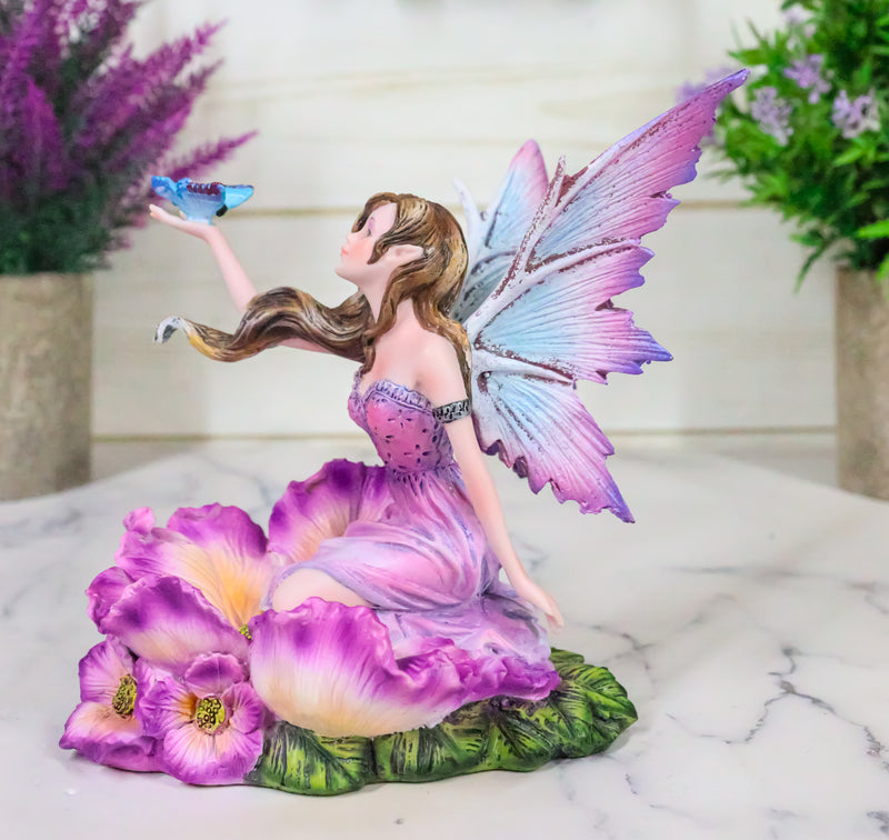 Whimsical Fantasy Fuchsia Pink Flower Fairy With Blue Butterfly Figurine