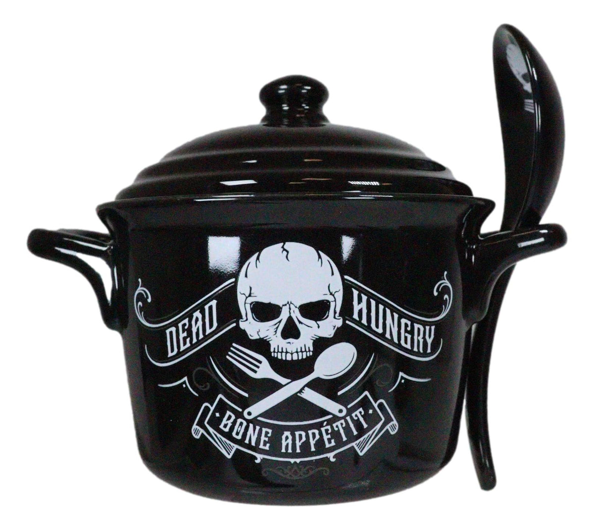 Macabre Dead Hungry Skull Bone Appetit Fine Bone China Bowl With Spoon And Lid - Ebros Gift