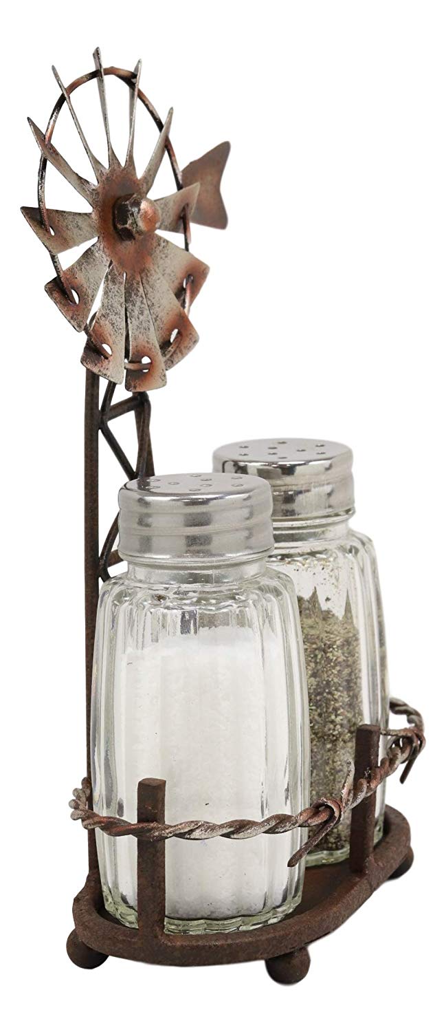 Ebros 6.5"H Rustic Country Farm Windmill Outpost Salt And Pepper Shakers Set