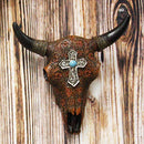 Ebros 11" High Western Southwest Steer Bison Buffalo Bull Cow Horned Skull Head with Turquoise Gem Silver Cross Tooled Leather Design Wall Mount Decor - Ebros Gift