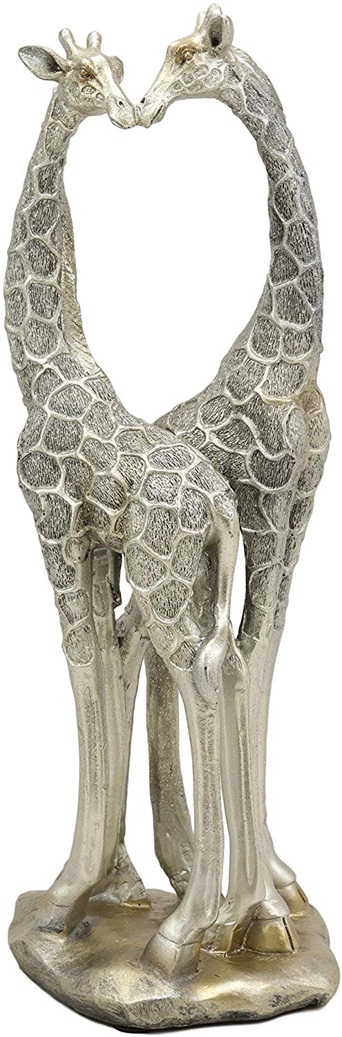 Ebros Large Silver Giraffe Lovers Couple Statue 12.5" Tall Safari Savannah Standing Giraffe Husband and Wife with Heart Shaped Neck Figurine Decor for Valentine's Day Anniversary Birthday Gift - Ebros Gift