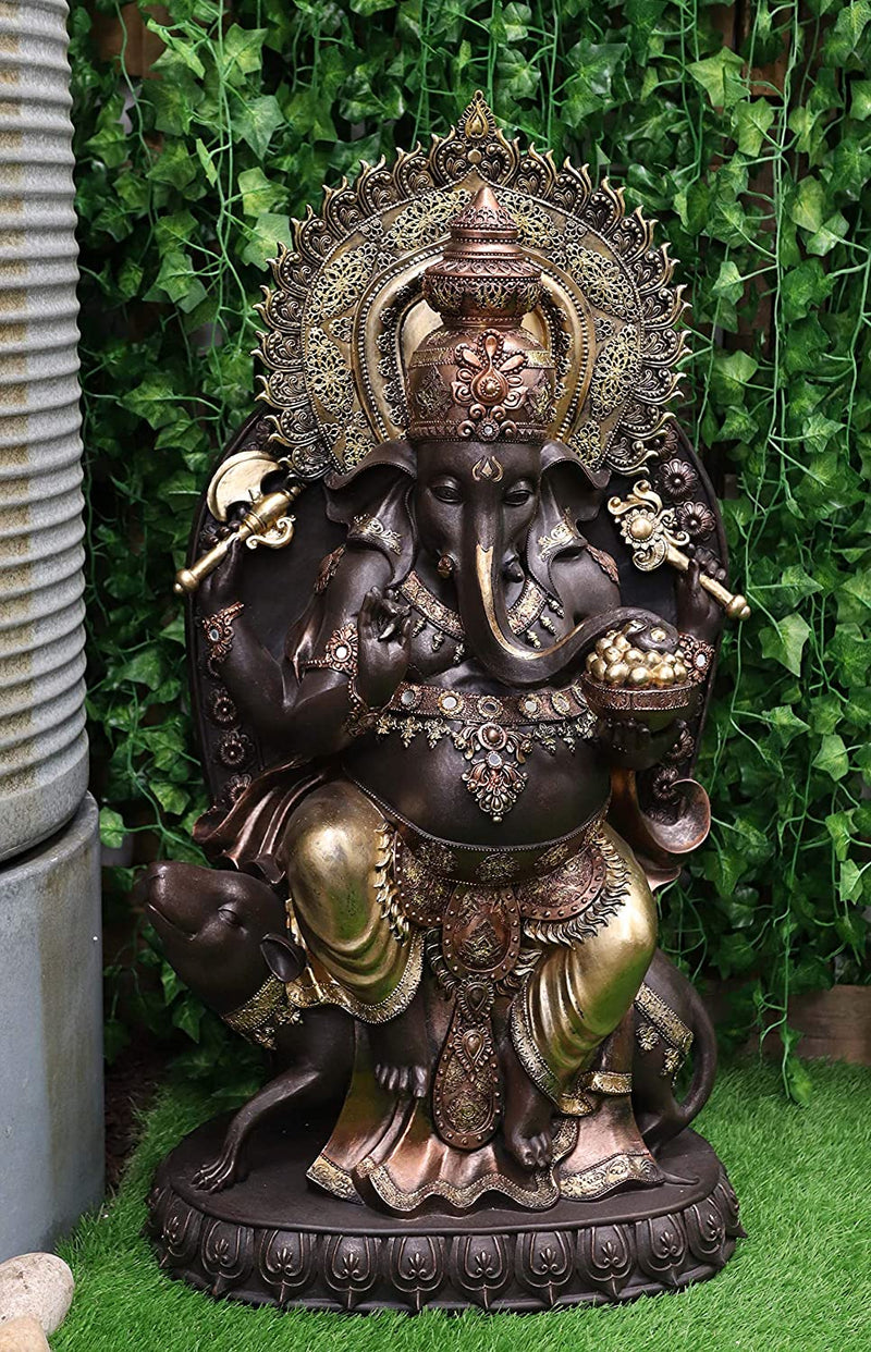 Ebros 34" Tall Large Hindu God Ganesha On Throne with Giant Mouse Figurine - Ebros Gift