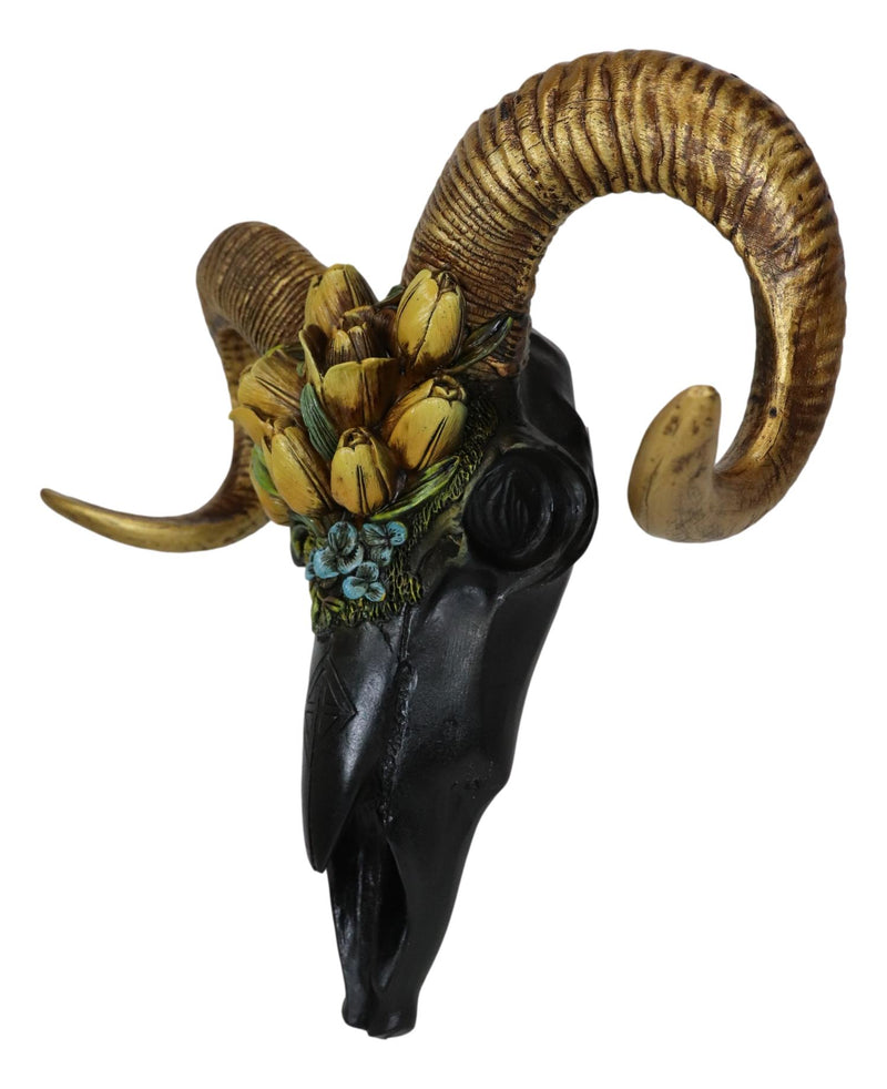 Rustic Black Ram Skull With Golden Horns And Tulip Flowers Wall Trophy Decor