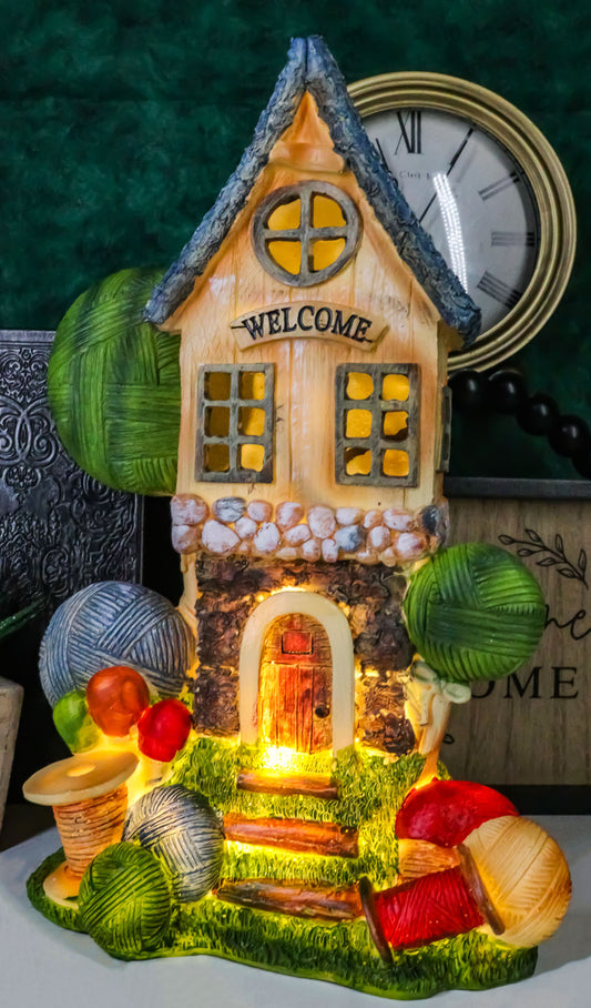 Fairy Garden LED Light Up Cottage House With Colorful Yarn Wool Welcome Sign