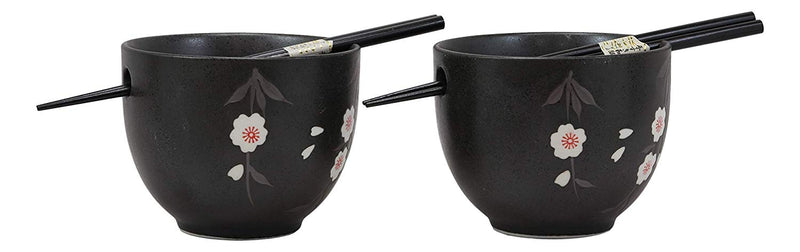 Ebros Ceramic Japanese White Anemone Flowers Black Ramen Udong Noodles Bowl and Chopsticks Set of 2 for Asian Dining Soup Rice Pasta Salad Collection of Bowls Decor Home Kitchen