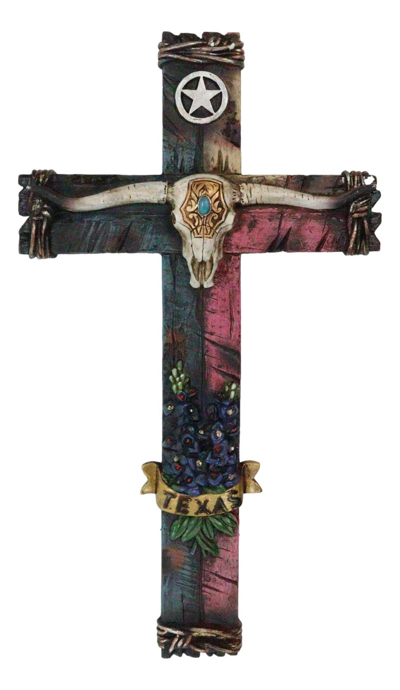 Rustic Texas State Colors Bluebonnet Longhorn Skull And Western Star Wall Cross