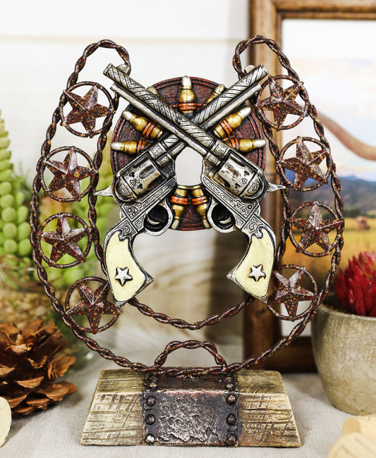 Ebros Cast Iron Cowboy Horseshoe Western Stars Dual Revolver Pistols Bullets Figurine