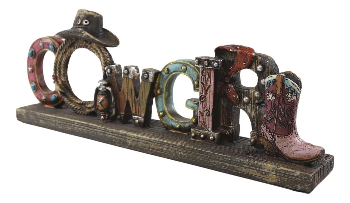 Rustic Western Cowgirl Sign Ropes Hat Horseshoe Faux Barnwood Desktop Plaque