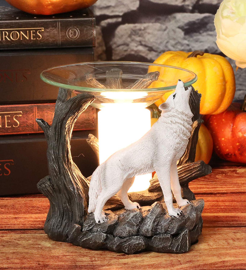Ebros White Wolf Howling Electric Oil Burner Tart Warmer Statue Night Light