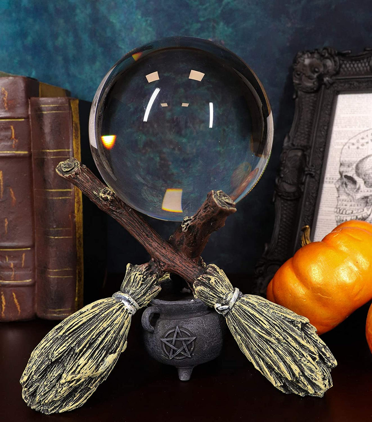 Ebros Scrying Witch Crystal Glass Gazing Ball On Broomsticks and Potion Cauldron Figurine 8" H Witchcraft Wicca Wiccan Witches Decor Halloween Sculpture Decorative