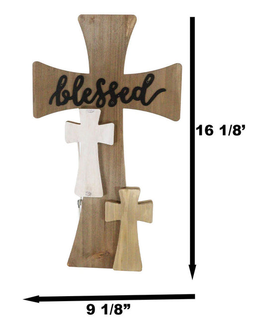 Rustic Western Wooden Blessed 3 Layered Multi Colored Wall Cross Decor Plaque