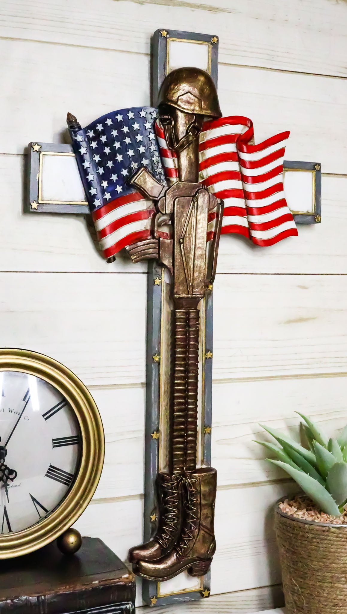 Patriotic USA Flag Fallen Soldier Helmet Rifle and Tactical Boots Wall Cross
