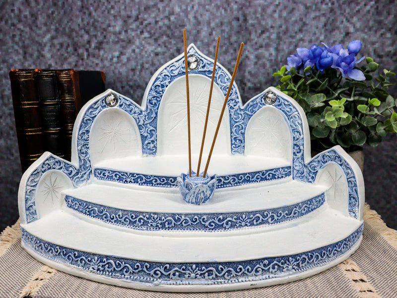 Blue White Tibetan Buddhism Altar Miniature Display With Lotus Incense Holder