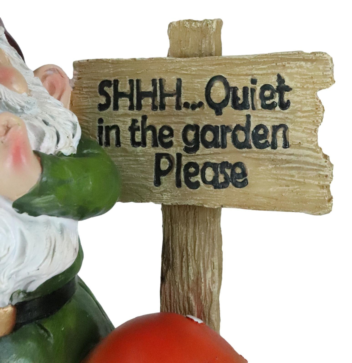 Whimsical Garden Gnome With Toadstool Mushroom And SHHH Quiet Yard Sign Statue