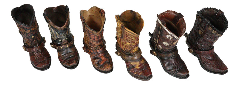 Pack Of 6 Rustic Western Cowboy Cowgirl Faux Leather Boots Pen Holder Figurines