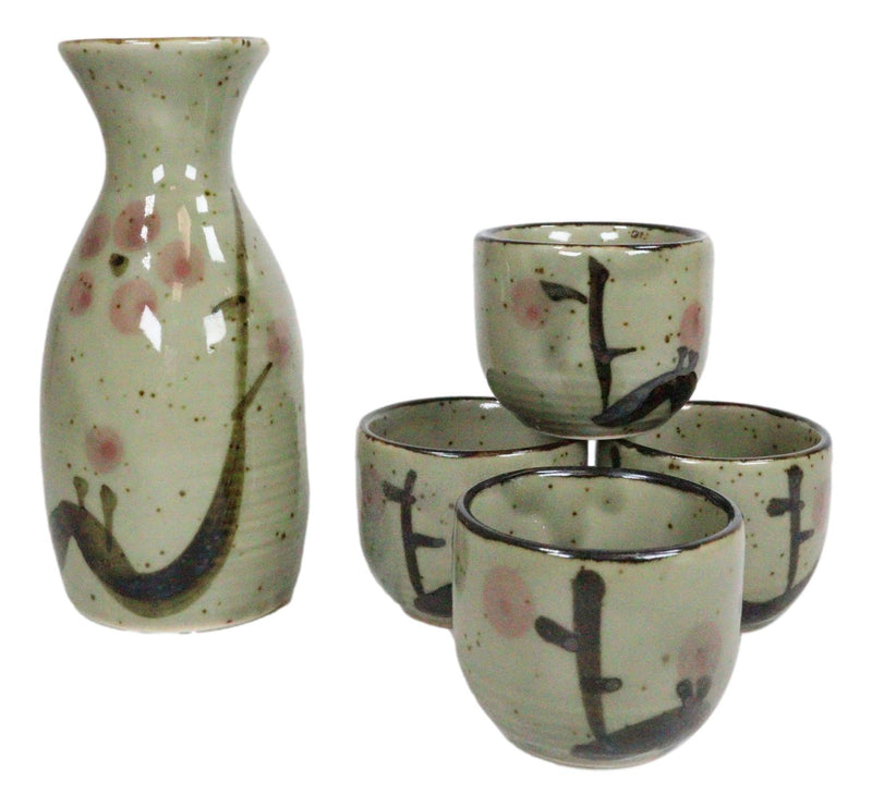 Ebros Gift Japanese 5oz Ceramic Matcha Cherry Blossom Sake Set Flask With Four Cups Made In Japan