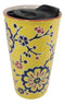 Yellow Floral Cherry Blossoms Ceramic Travel Mug Cup 12oz With Lid Hot Or Cold