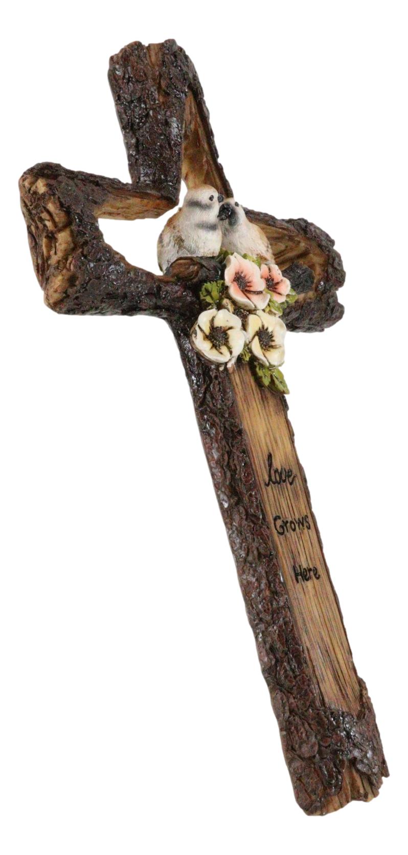 Rustic Love Grows Here Birds On Branch Flowers Faux Wooden Tree Bark Wall Cross