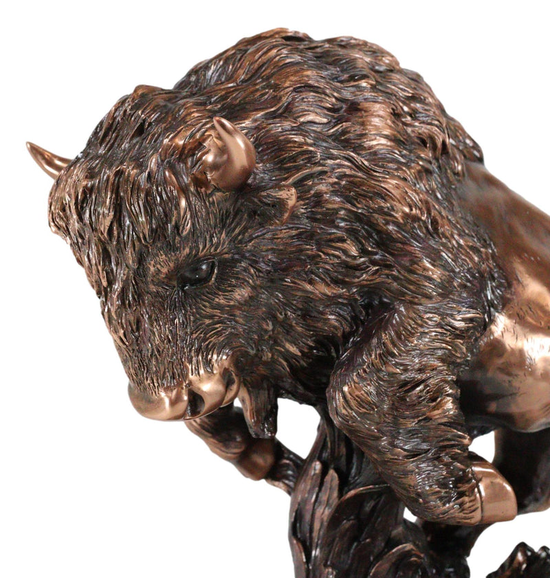 Ebros Western Large Angry Charging Bison Statue in Bronze Electroplated Finish