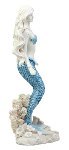 Ebros Gift Aqua Blue Tailed Ocean Mermaid Figurine 11.75" H Aquamarine Goddess Standing On Coral Reef Decorative Statue