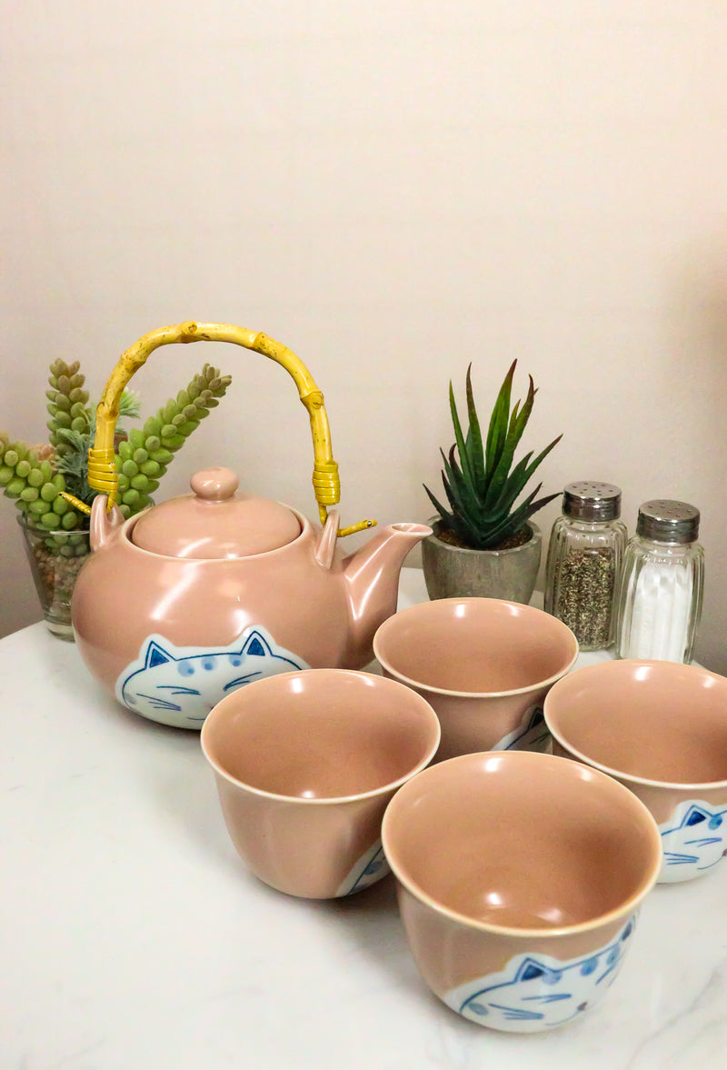 Ebros Auspicious Maneki Neko Lucky Fortune Cat Pink Ceramic Tea Set Teapot And 4 Cups