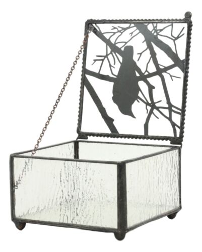 Gothic Silhouette Raven Glass Jewelry Box 4"W Haunted Crow On Tree Branch Box