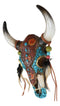 Southwest Tooled Leather Cow Skull With Turquoise Gems And Feathers Wall Decor