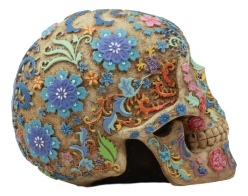 Ebros Colorful Day Of The Dead Floral Sugar Skull Statue Skeleton Head Sculpture - Ebros Gift