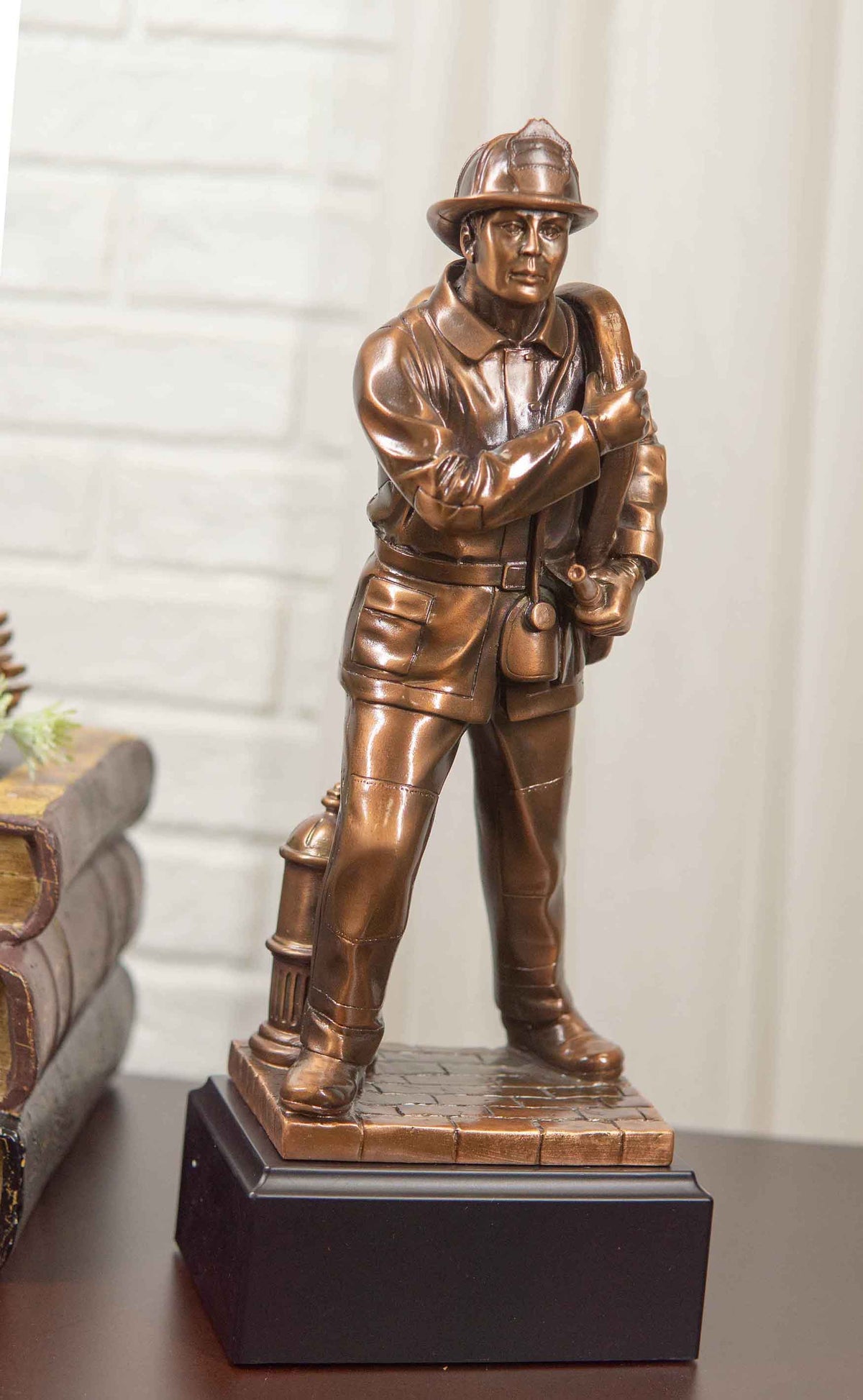 In Line Of Duty Fireman Carrying Hose By Hydrant Statue 12"H Fire Fighter Decor - Ebros Gift