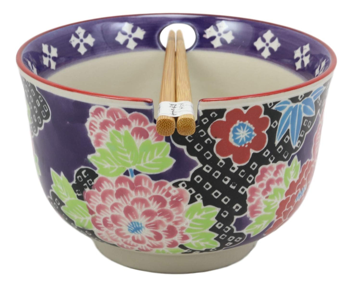 Ebros Victorian Colorful Floral Blooms Ramen Udon Noodles Large 6.25" Diameter Soup Bowl With Built In Rest and Bamboo Chopsticks Set for Rice Pasta Salad