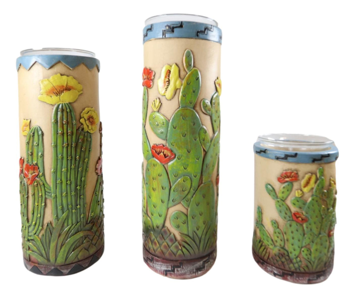 Southwestern Desert Cactus With Blooming Flowers Votive Candle Holders Set Of 3