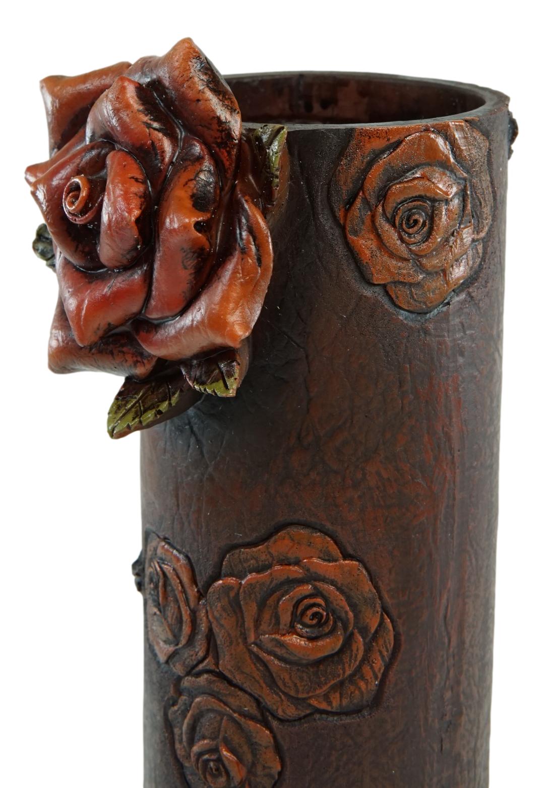 Vintage Western Blooming Floral Red Roses Faux Tooled Leather Flower Tube Vase