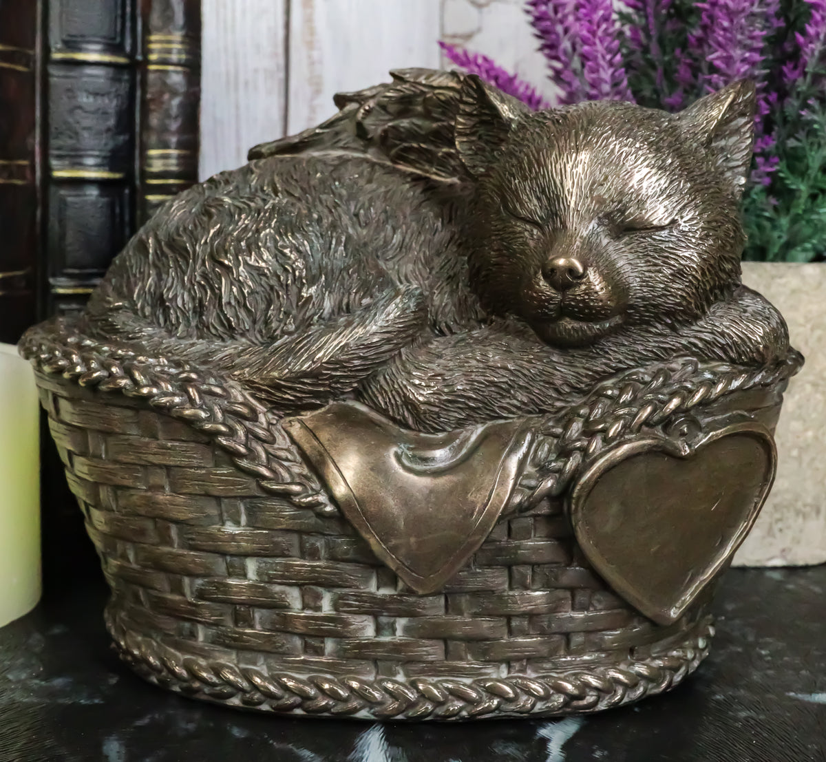 Heavenly Angel Cat Sleeping in Wicker Bed Cremation Urn Pet Memorial Statue