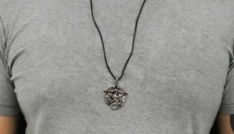 Gothic Red Pentagram Star Dragon Pendant Pewter Necklace Fantasy Mythical Legend