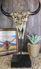 Western Rustic Tooled Bull Cow Skull With Celtic Cross Sculpture On Pole Display