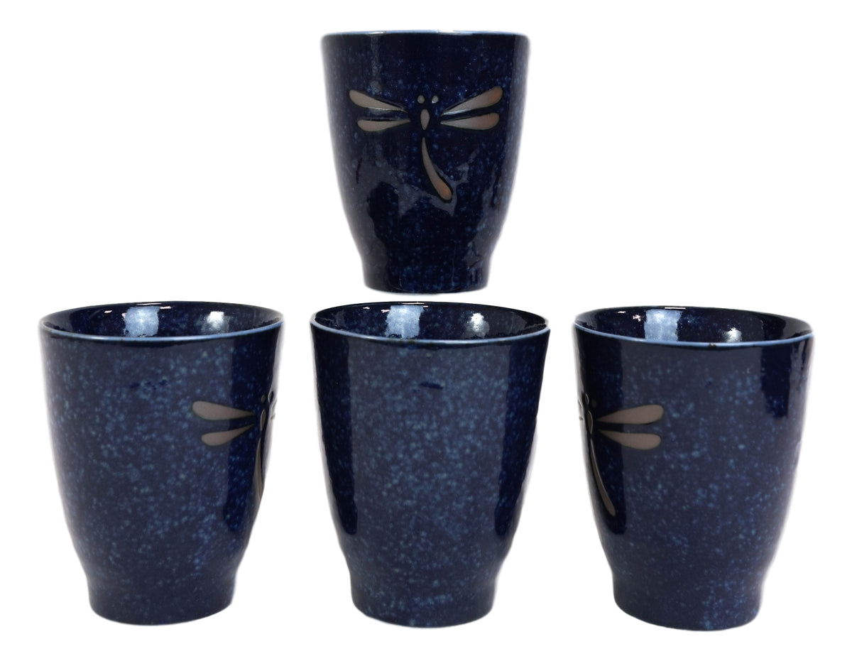 Japanese Zen Dragonfly Speckled Blue Porcelain 10oz Coffee Tea Cups Set of 4 - Ebros Gift
