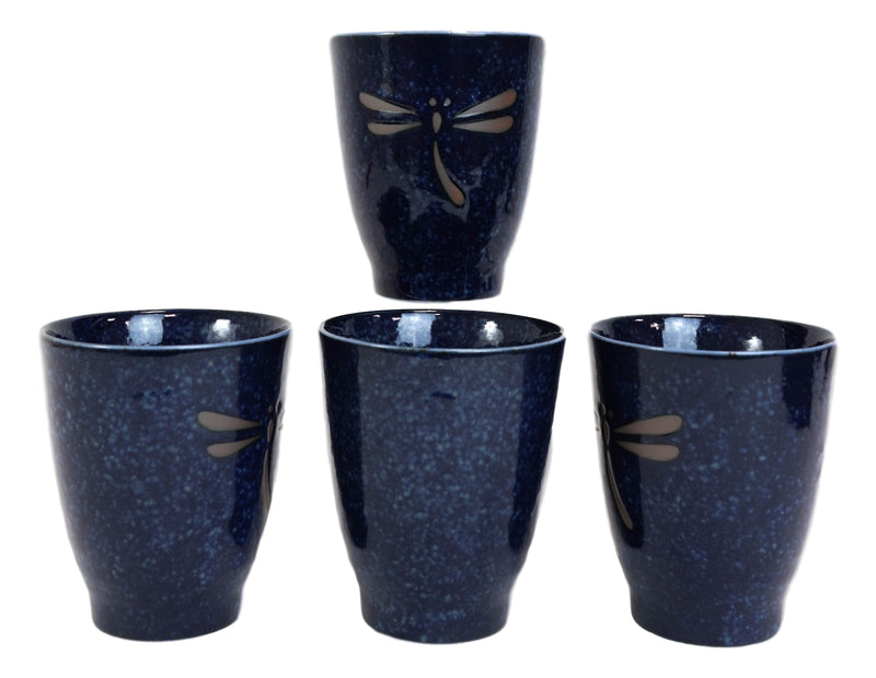 Japanese Zen Dragonfly Speckled Blue Porcelain 10oz Coffee Tea Cups Set of 6