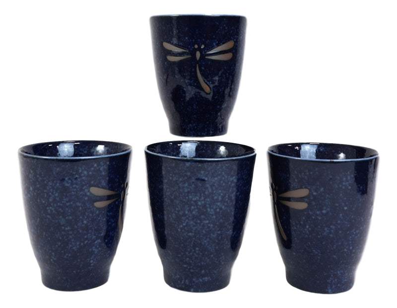 Japanese Zen Dragonfly Speckled Blue Porcelain 10oz Coffee Tea Cups Set of 4
